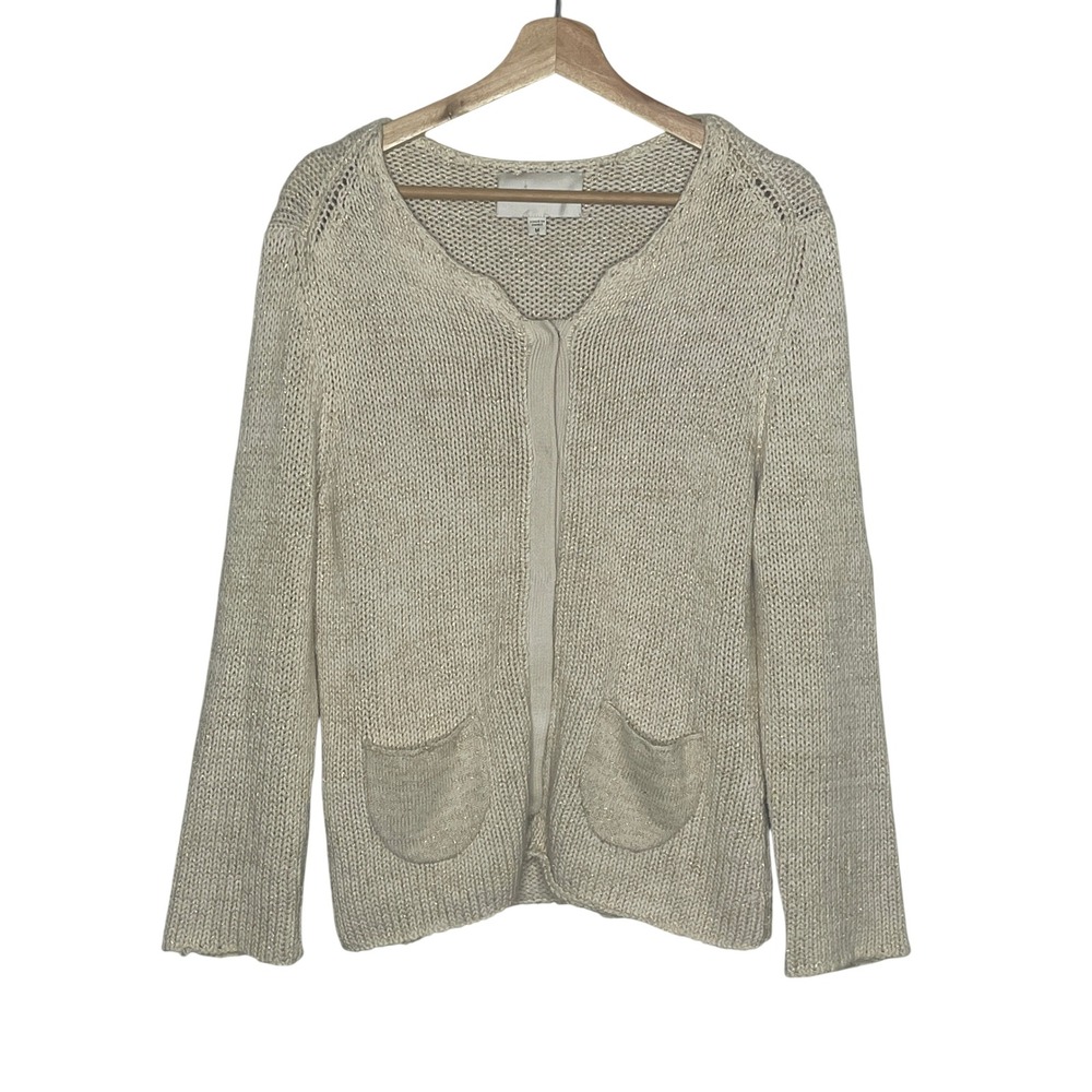 Brochu Walker Womens Cream Gold Metallic Lurex Cotton Open Cardigan Sweater M